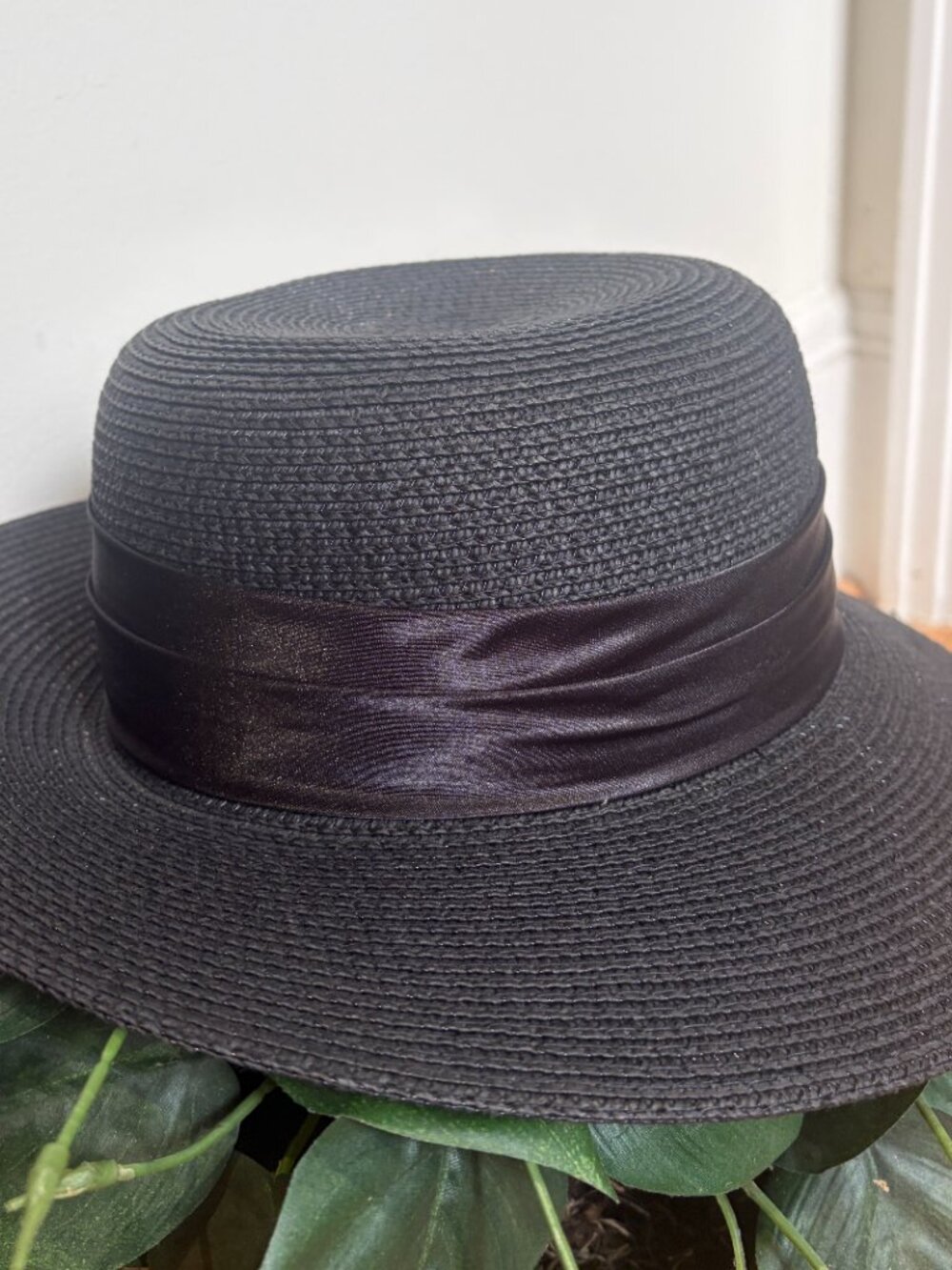 Swan Hat New York Paper Hat Black with Satin Flowers - Picture 5 of 7